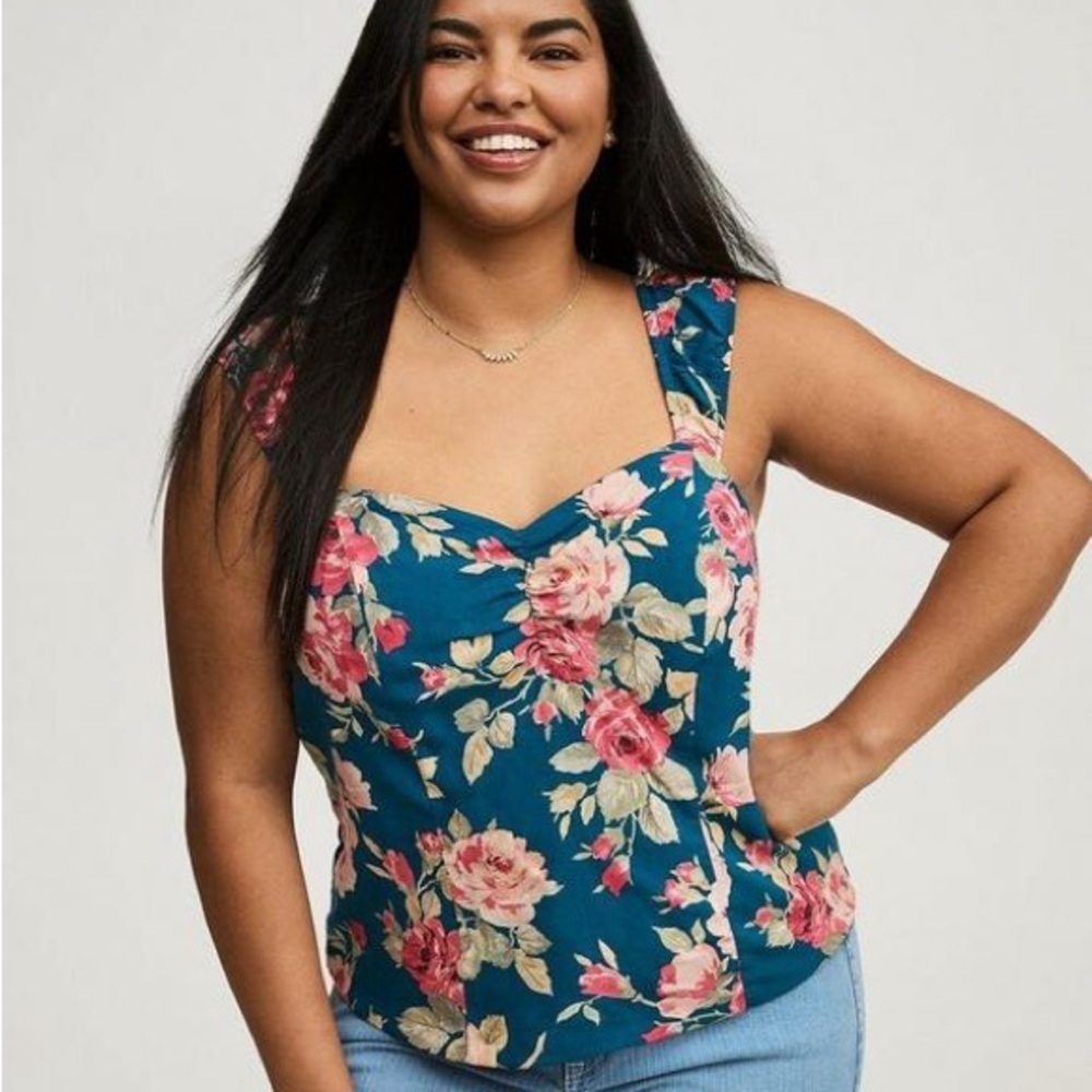 Torrid size 2(18/20) Teal Challis Smocked Crop Top with Pink Floral Design